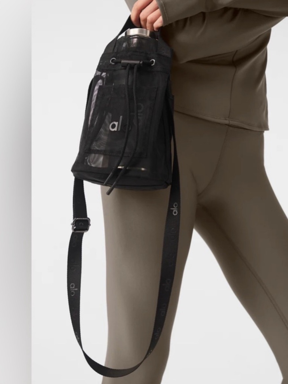 ALO Black Sheer Mesh Bucket Crossbody Bag with drawstring closure